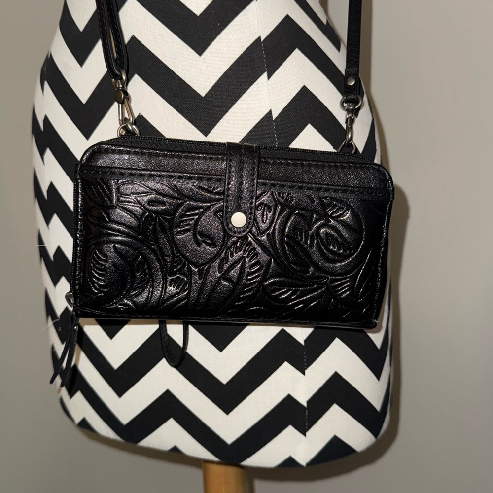 The Sak Black Embossed Leather Crossbody Wallet (with storage)